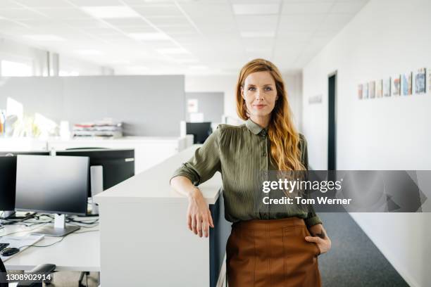 portrait of business owner in offices - lehnend stock-fotos und bilder