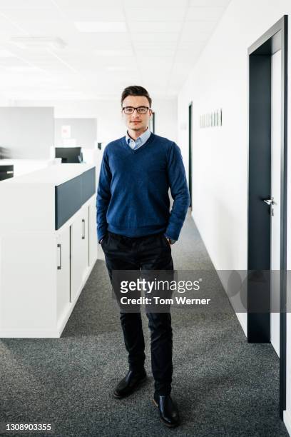 portrait of businessman standing in office - informeel zakelijk stockfoto's en -beelden