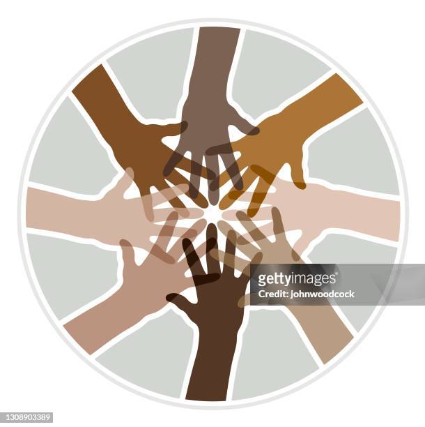 multi ethnic hands in a circle illustration - community logo stock illustrations