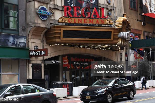 The Regal Cinemas in Times Square is seen on March 24, 2021 in New York City. Regal Cinemas parent company, Cineworld Group, announced on Tuesday...