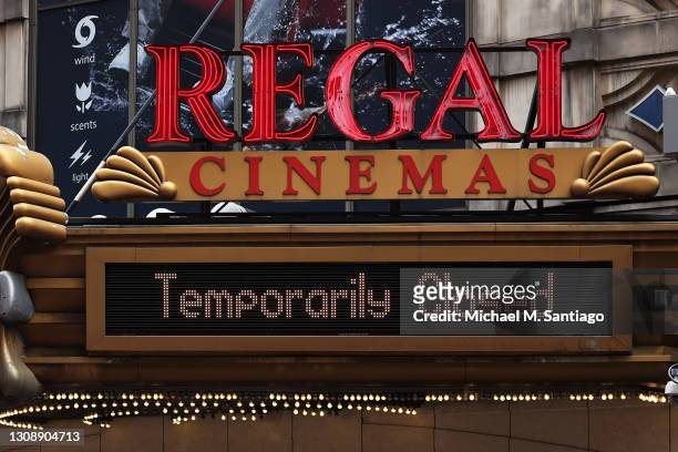 The Regal Cinemas in Times Square is seen on March 24, 2021 in New York City. Regal Cinemas parent company, Cineworld Group, announced on Tuesday...