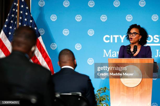 Mayor Kim Janey delivers her inaugural address at City Hall on March 24, 2021 in Boston, Massachusetts. She is the first woman, and first Black mayor...