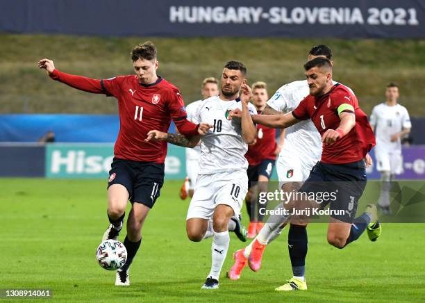 Patrick Cutrone of Italy battles for possession with Ladislav Krejci and Matej Chalus of Czech Republic during the 2021 UEFA European Under-21...