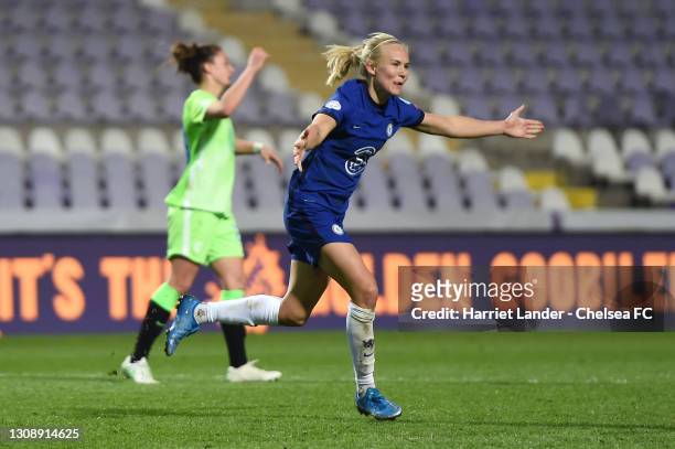 Pernille Harder of Chelsea celebrates after scoring her team's second goal during the First Leg of the UEFA Women's Champions League Quarter Final...