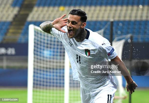 Gianluca Scamacca of Italy celebrates scoring his team's first goal during the 2021 UEFA European Under-21 Championship Group B match between Czech...
