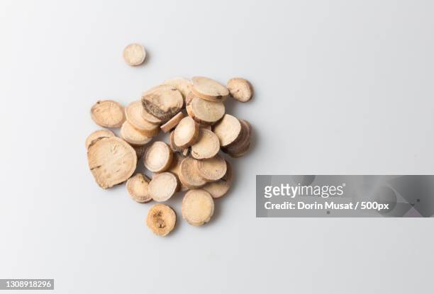 directly above shot of mushrooms against white background - angelica stock pictures, royalty-free photos & images
