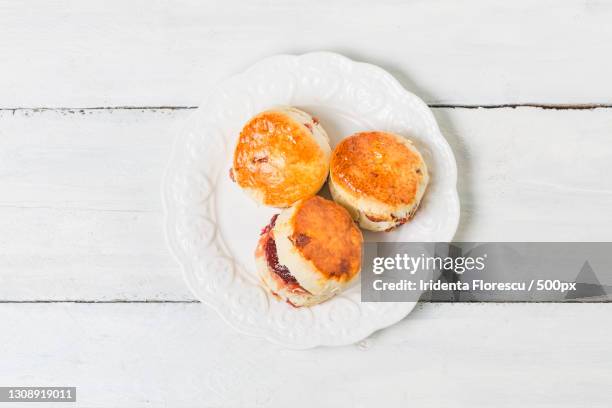 directly above shot of food in plate on table - scone stock pictures, royalty-free photos & images
