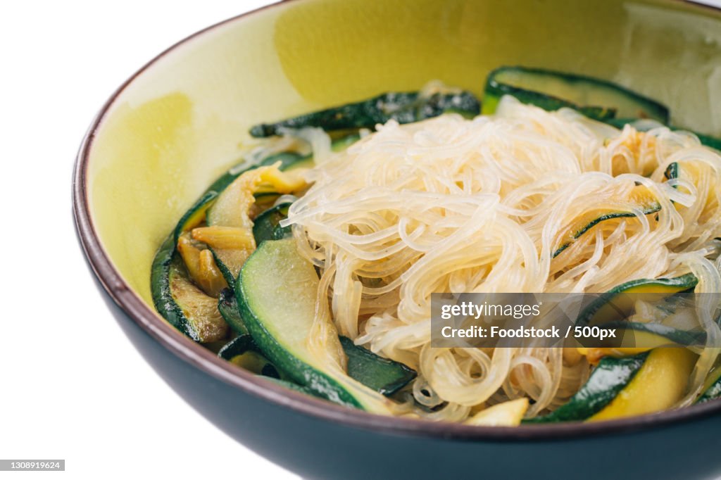 Close-up of noodles in bowl on table