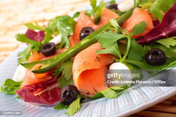 close-up of salad in plate on table - seafood salad stock pictures, royalty-free photos & images