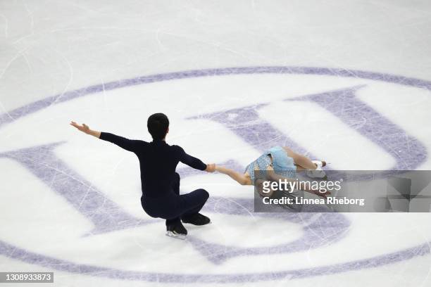 Riku Miura and Ryuichi Kihara of Japan perform during Day One of the ISU World Figure Skating Championships at Ericsson Globe on March 24, 2021 in...
