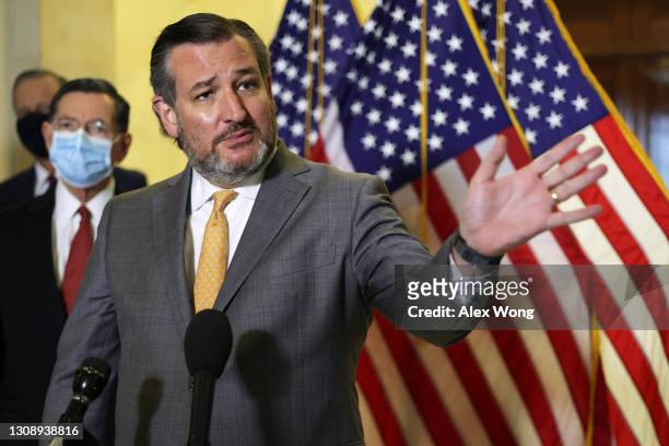 Sen. Ted Cruz speaks to members of the press after a Senate Republican luncheon at Russell Senate Office Building March 24, 2021 on Capitol Hill in...