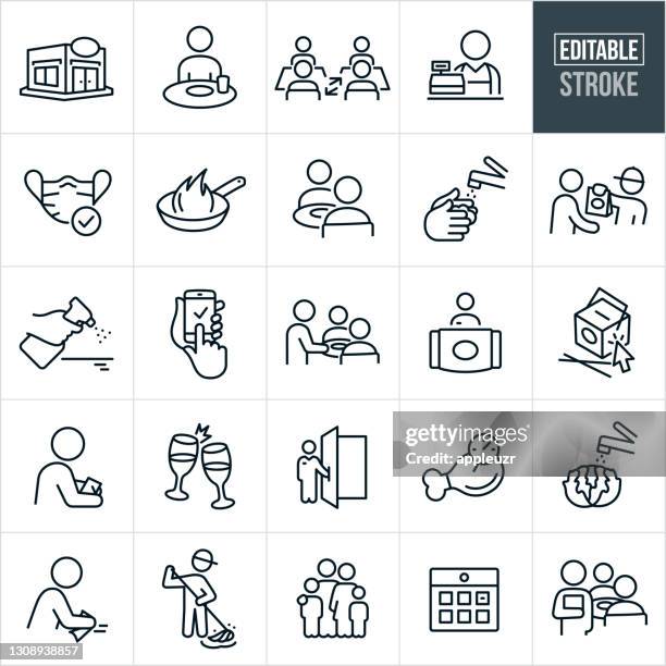 restaurant and disinfecting thin line icons - editable stroke - covid restaurant waiter stock illustrations