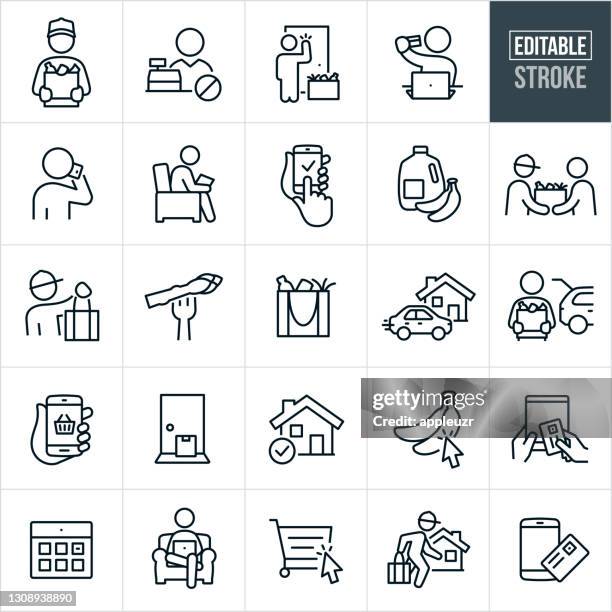 grocery delivery thin line icons - editable stroke - delivering groceries stock illustrations