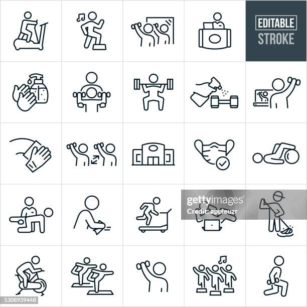 ilustraciones, imágenes clip art, dibujos animados e iconos de stock de gimnasio y desinfectar iconos de línea delgada - trazo ediatable - gel antiséptico