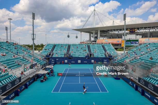 General view of the singles first round match between Yen-Hsun-LU of Taiwan and Sam Querrey of United States on the Grandstand Court on Day 3 of the...