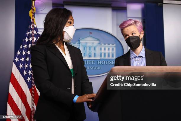 Professional soccer players Megan Rapinoe and Margaret Purce visit the Brady Press Briefing Room before meeting with President Joe Biden on March 24,...