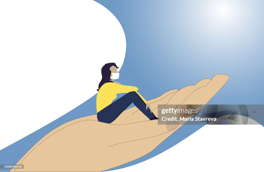 Human hand helps a sad lonely woman to get rid of depression, support,care or charity concept.After Covid-19