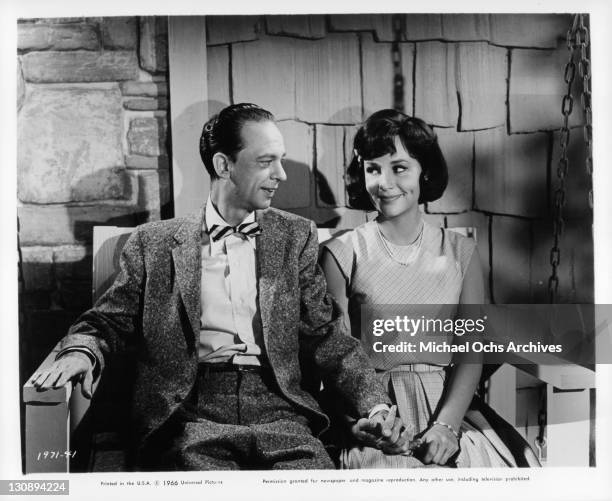 Don Knotts and Joan Staley sitting on bench outside in a scene from the film 'The Ghost And Mr. Chicken', 1966.