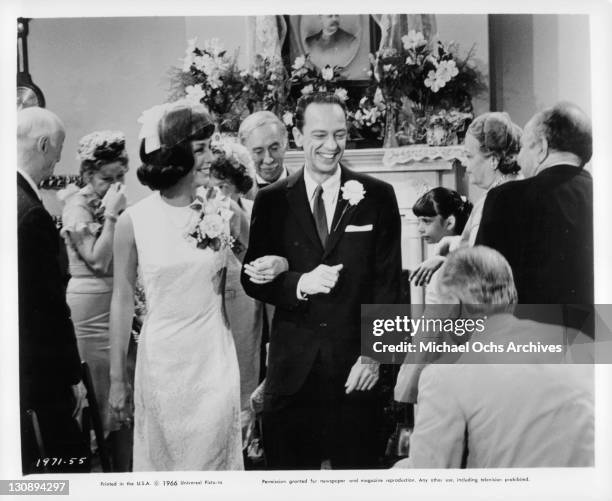 Joan Staley and Don Knotts at wedding in a scene from the film 'The Ghost And Mr. Chicken', 1966.