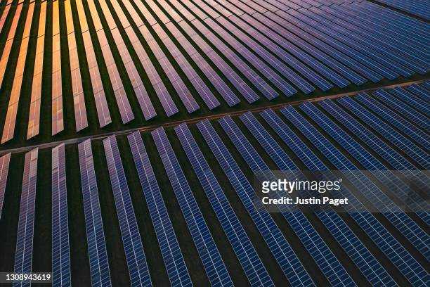 solar panels at dusk - solkraftverk bildbanksfoton och bilder