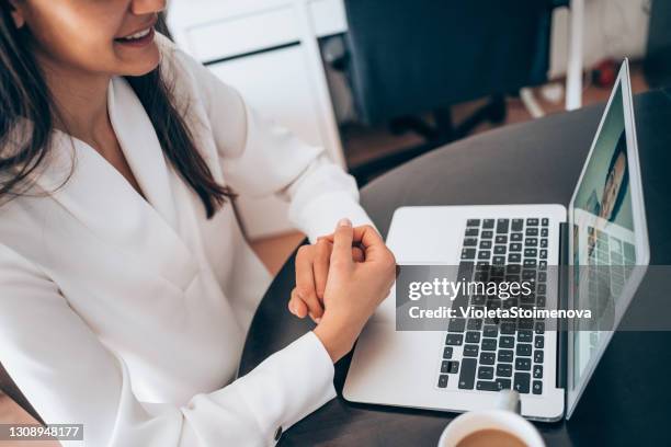 businesswoman talk on video call with female colleague. - zoom interview stock pictures, royalty-free photos & images