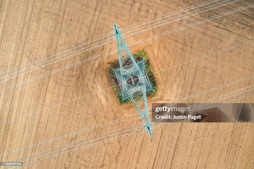 Drone view of electricity pylon