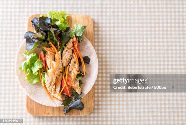 directly above shot of food in plate on table - fajitas stock pictures, royalty-free photos & images