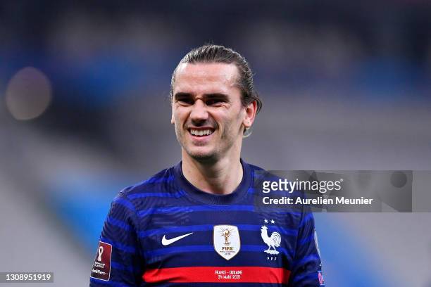 Antoine Griezmann of France reacts during the FIFA World Cup 2022 Qatar qualifying match between France and Ukraine on March 24, 2021 in Paris,...