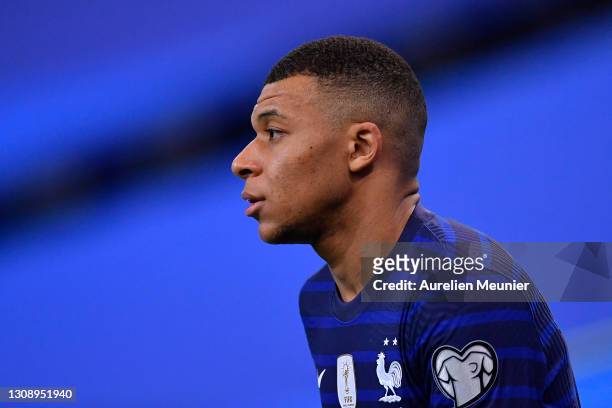 Kylian Mbappe of France looks on during the FIFA World Cup 2022 Qatar qualifying match between France and Ukraine on March 24, 2021 in Paris, France....