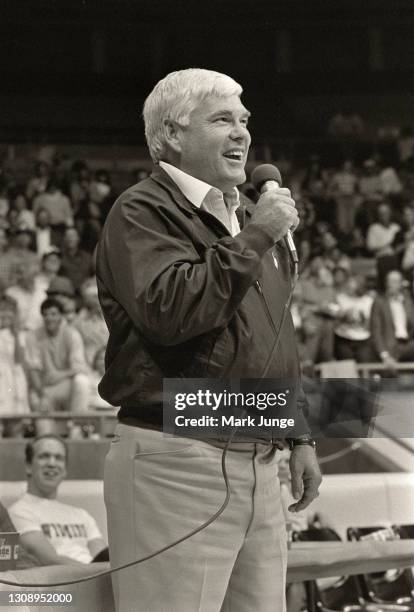 University of Wyoming head basketball coach Benny Dees addresses the crowd during a pre-season "Midnight Madness" UW scrimmage at the Auditorium...