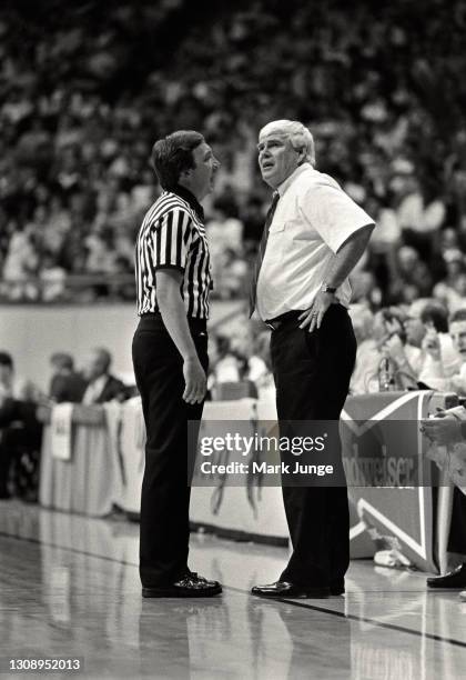 University of Wyoming head basketball coach Benny Dees argues with referee Dave Hall on the sideline during a game between UW and the University of...