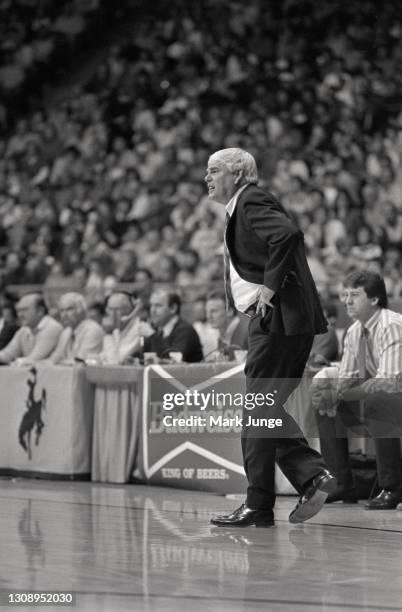 University of Wyoming head basketball coach Benny Dees walks along the sideline during a game between UW and Georgia State University at the...