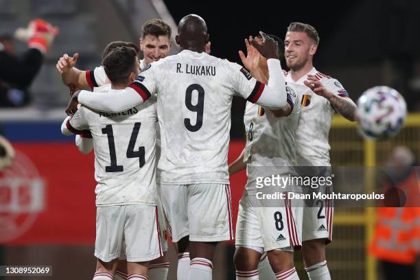 Thorgan Hazard of Belgium celebrates with teammates after scoring his sides second goal during the FIFA World Cup 2022 Qatar qualifying match between...