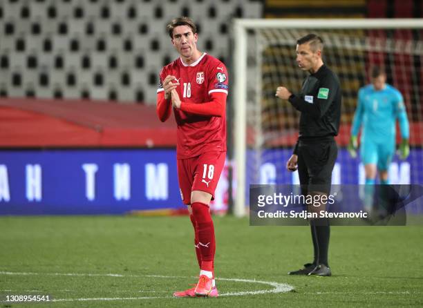 Dusan Vlahovic of Serbia reacts during the FIFA World Cup 2022 Qatar qualifying match between Serbia and Republic of Ireland on March 24, 2021 in...