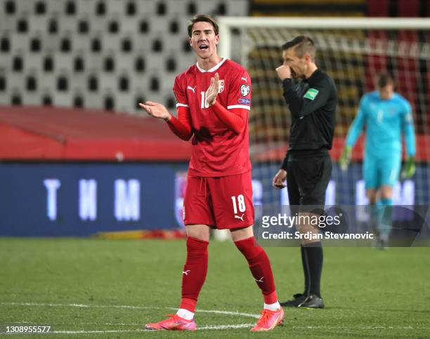 Dusan Vlahovic of Serbia reacts during the FIFA World Cup 2022 Qatar qualifying match between Serbia and Republic of Ireland on March 24, 2021 in...
