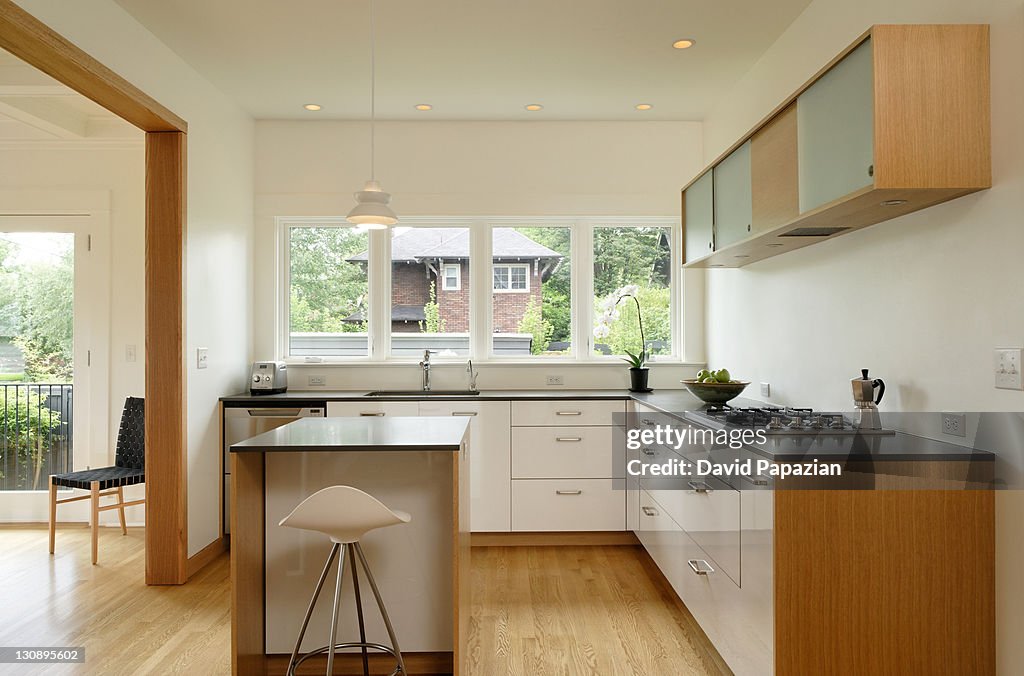 Modern kitchen with wood trim