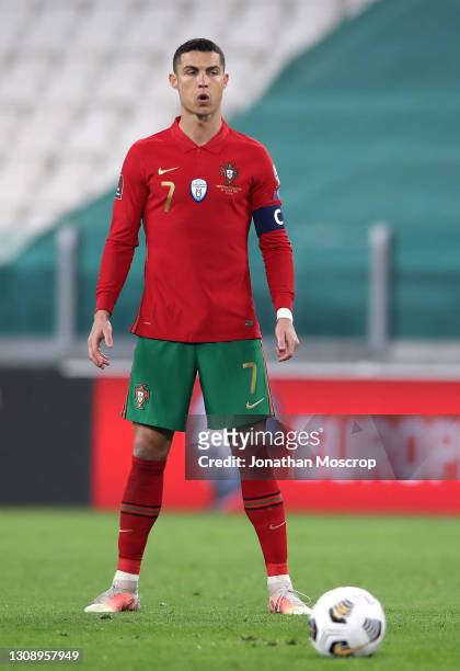 Cristiano Ronaldo of Portugal prepares to take a free kick during the FIFA World Cup 2022 Qatar qualifying match between Portugal and Azerbaijan on...