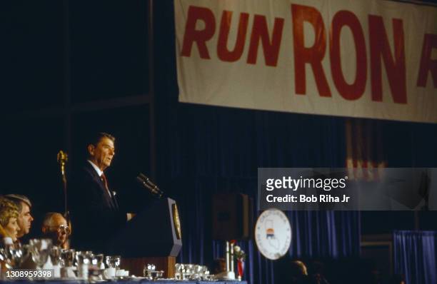 President Ronald Reagan at fundraising event inside the Howard Hughes 'Spruce Goose' geodesic dome, June 30, 1983 in Long Beach, California.