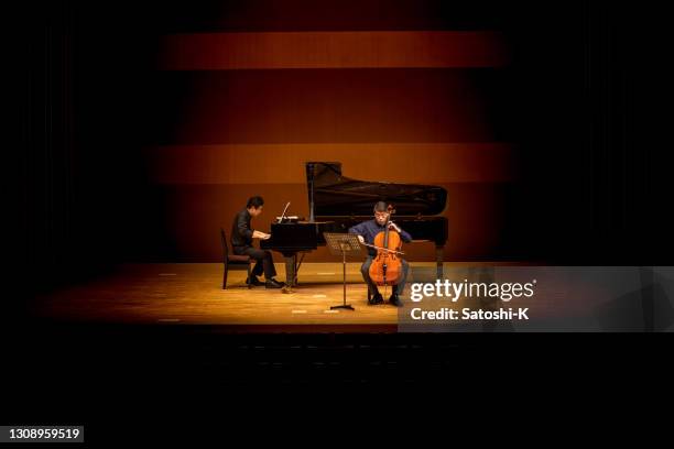 musicians playing the piano and cello at classical music concert - orchestra pit stock pictures, royalty-free photos & images