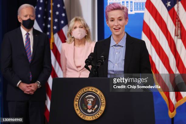 Olympic gold medalist and two-time World Cup champion soccer player Megan Rapinoe deliers remarks during and event to mark Equal Pay Day with U.S....