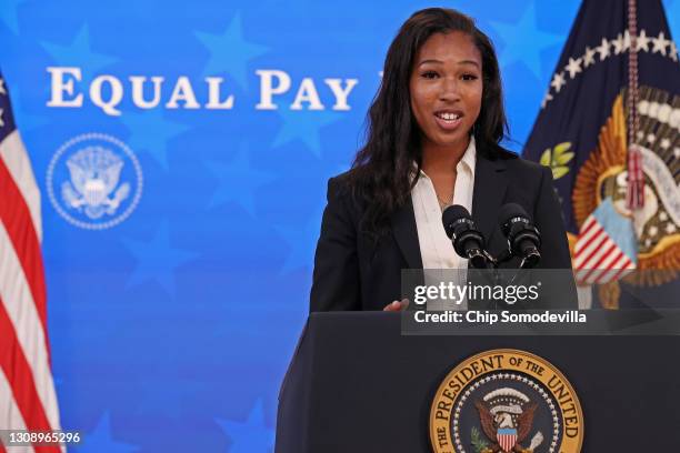 Soccer superstar Margaret Purce delivers remarks during an event to mark Equal Pay Day in the South Court Auditorium in the Eisenhower Executive...