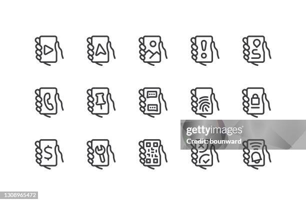 holding phone in hand line icons editable stroke - pin entry stock illustrations