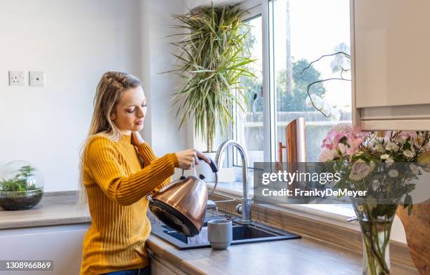 dreamy romantic attractive blond young woman stands at the kitchen window and pours some tea - kettle stock pictures, royalty-free photos & images