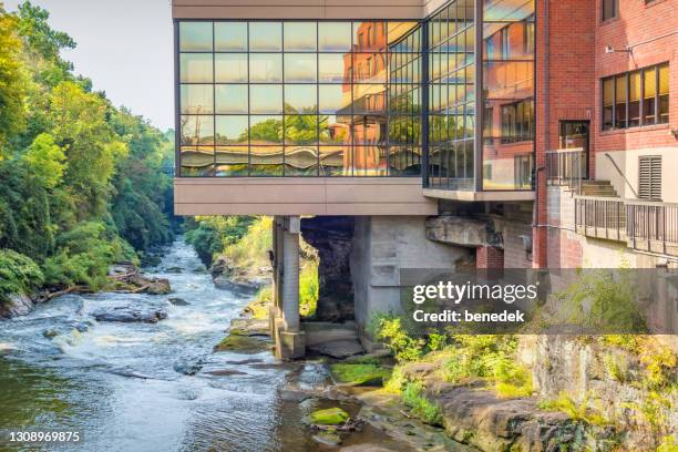 restaurant and cuyahoga river in cuyahoga falls akron ohio usa - akron ohio stock pictures, royalty-free photos & images