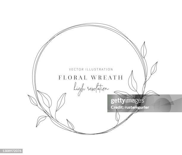 illustrazioni stock, clip art, cartoni animati e icone di tendenza di corona floreale disegnata a mano, corona floreale con foglie per il matrimonio. - botanical hand drawn