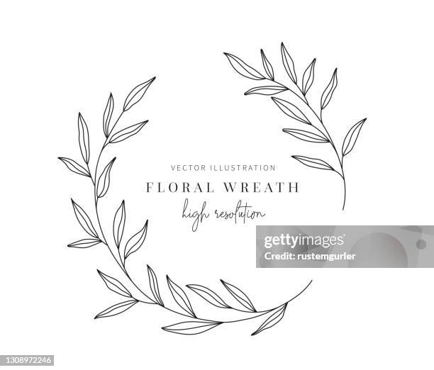 bildbanksillustrationer, clip art samt tecknat material och ikoner med handritad blomsterkrans, blomkrans med löv för bröllop. - floral wreath