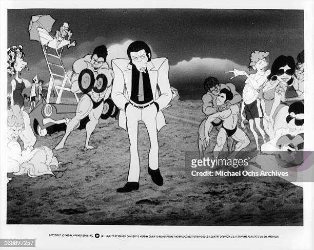 Animated characters in a scene from the film 'Hey Good Lookin'', 1982.