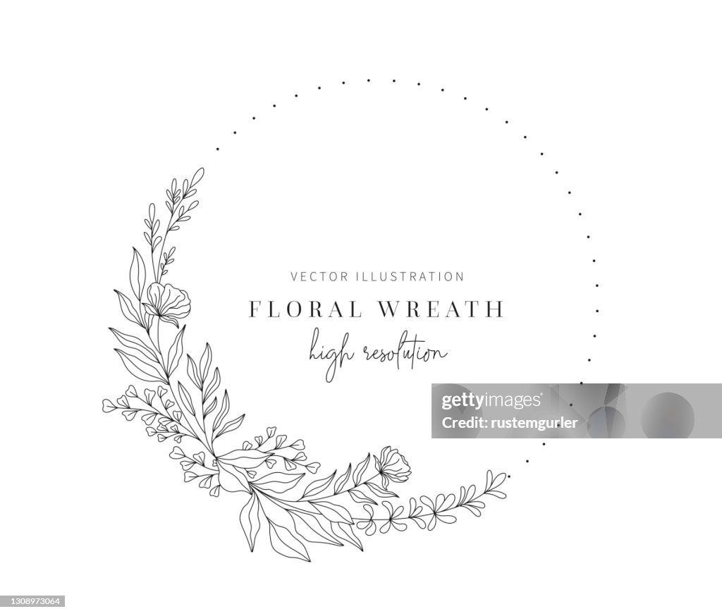 Hand gezeichnet Blumenkranz, Blumenkranz mit Blättern für die Hochzeit.