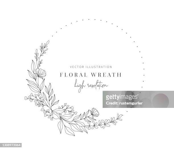 ilustraciones, imágenes clip art, dibujos animados e iconos de stock de corona floral dibujada a mano, corona floral con hojas para boda. - flores