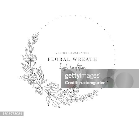 Couronne florale dessinée à la main, couronne florale avec des lames pour le mariage. Couronne florale dessinée à la main, couronne florale avec des lames pour le mariage.